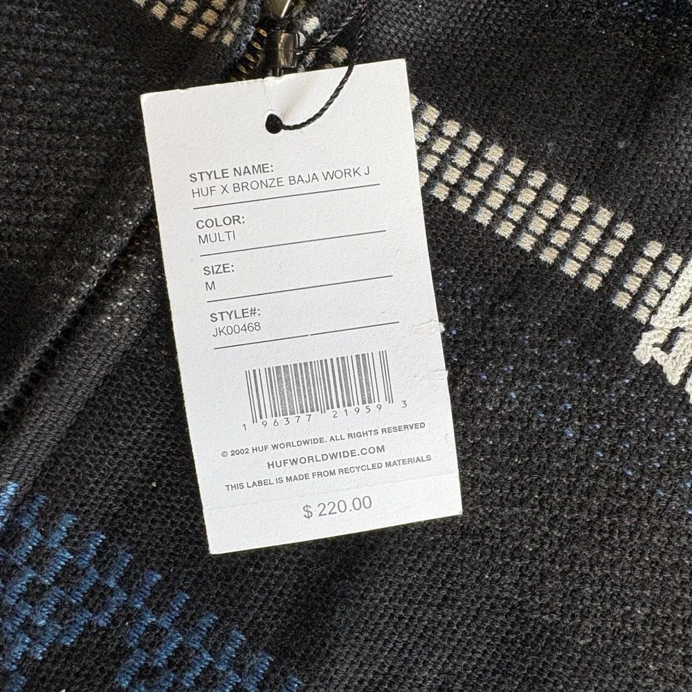 HUF X Bronze56k Mens Medium Baja Work Jacket Black Blue Baja Blanket Embroidered